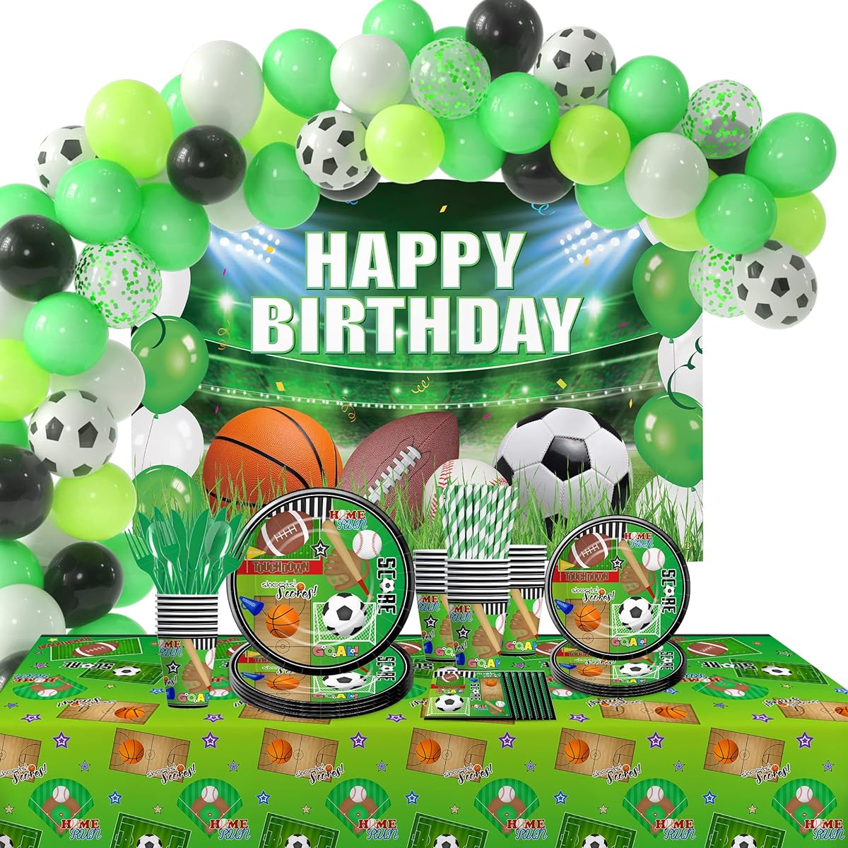 Xigejob Sports Theme Birthday Party Supplies Sports Party Decorations Plates Cups Napkins Background Balloon Arch Tablecloth Cutlery Soccer Basketball Baseball Football Theme Tableware | Serve 24