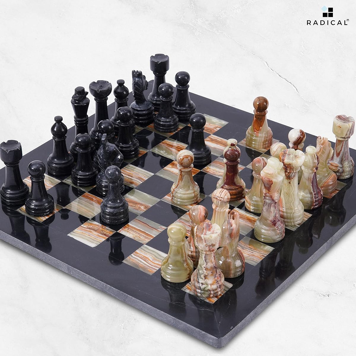 RADICALn 15" Handcrafted Black & Multi-Green Weighted Full Chess Game Set Stanton & Ambassador Style Marble Tournament Chess Set for Adults