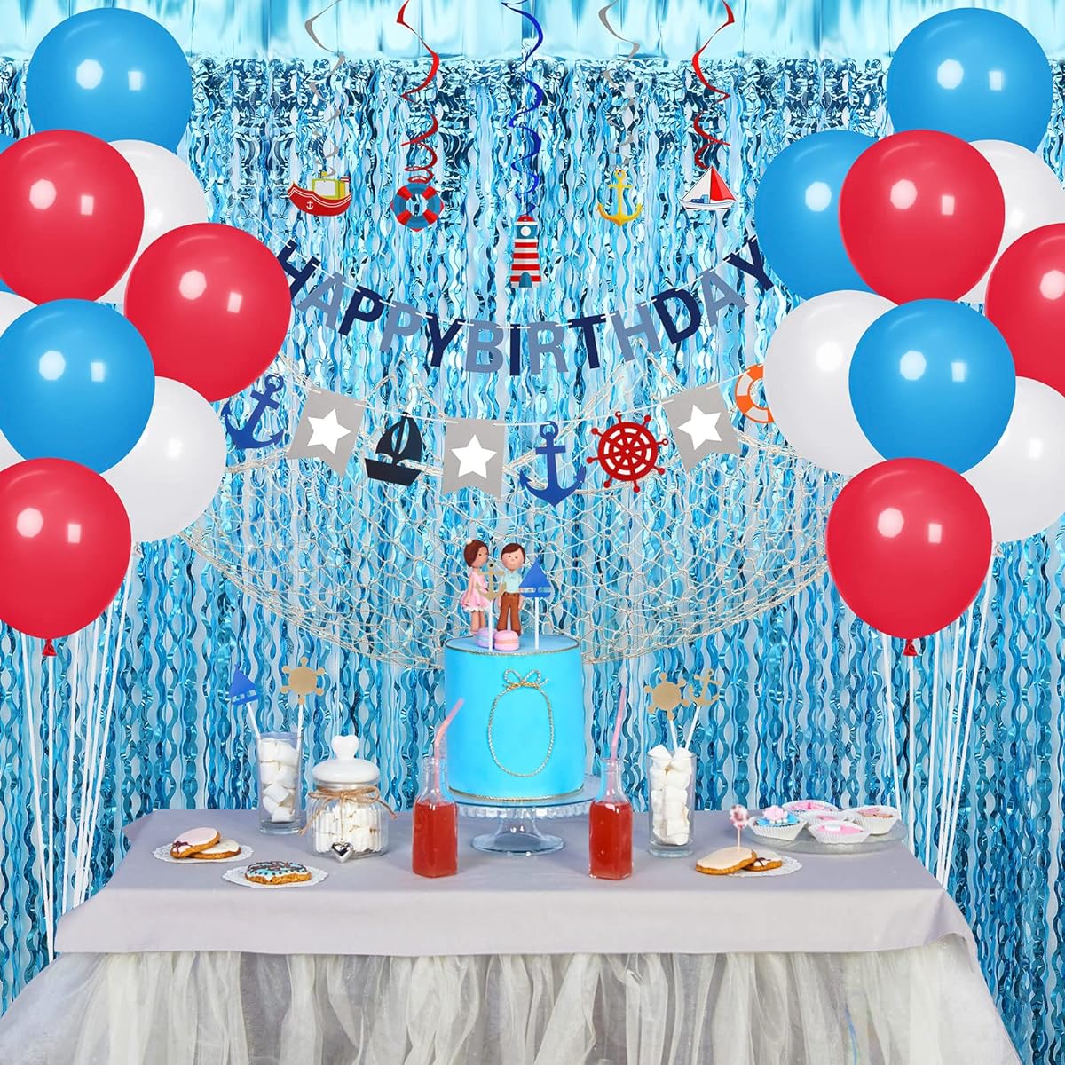 Junkin 59pcs Nautical Birthday Party Decorations Fishnet Sailing Swirl Nautical Banner Cake Topper Foil Fringe Curtain Latex Balloons Mermaid Party Supplies Birthday Backdrop
