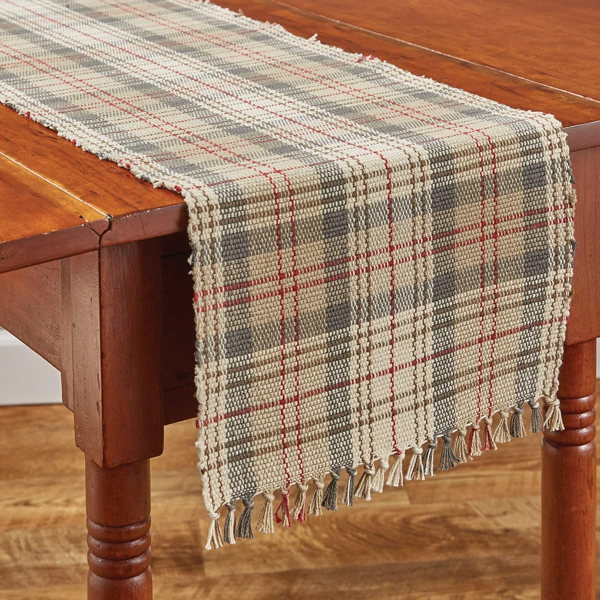 Park Designs Gentry 13" x 54" Table Runner Taupe Gray Tan Red Cream Plaid