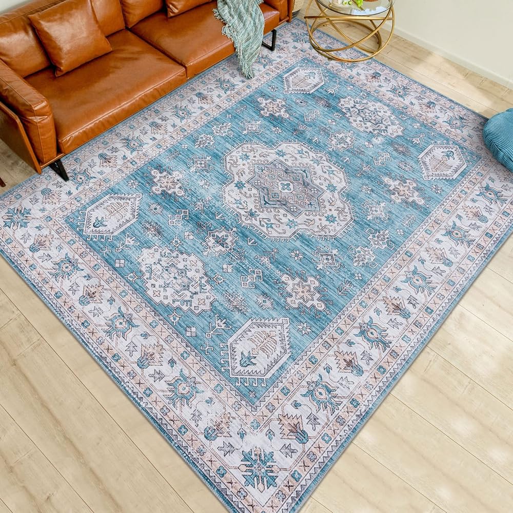 u-living Carpet 3 Tatami Persian Carpet Rug Washable Floral Pattern 160x230CM All Seasons Anti-Slip Lightweight Compatible with Floor Heating Dust Mite Resistant Odor Resistant Blue