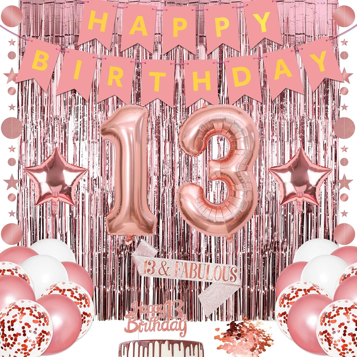 29pcs Rose Gold 13th Birthday Decorations for Girls, Happy Birthday Decorations Set, 13th Birthday Foil Balloons, Sash Fabulous, Cake Topper, Fringe Curtains, Home Indoor Party Supplies
