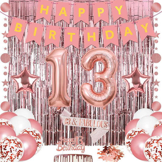 29pcs Rose Gold 13th Birthday Decorations for Girls, Happy Birthday Decorations Set, 13th Birthday Foil Balloons, Sash Fabulous, Cake Topper, Fringe Curtains, Home Indoor Party Supplies