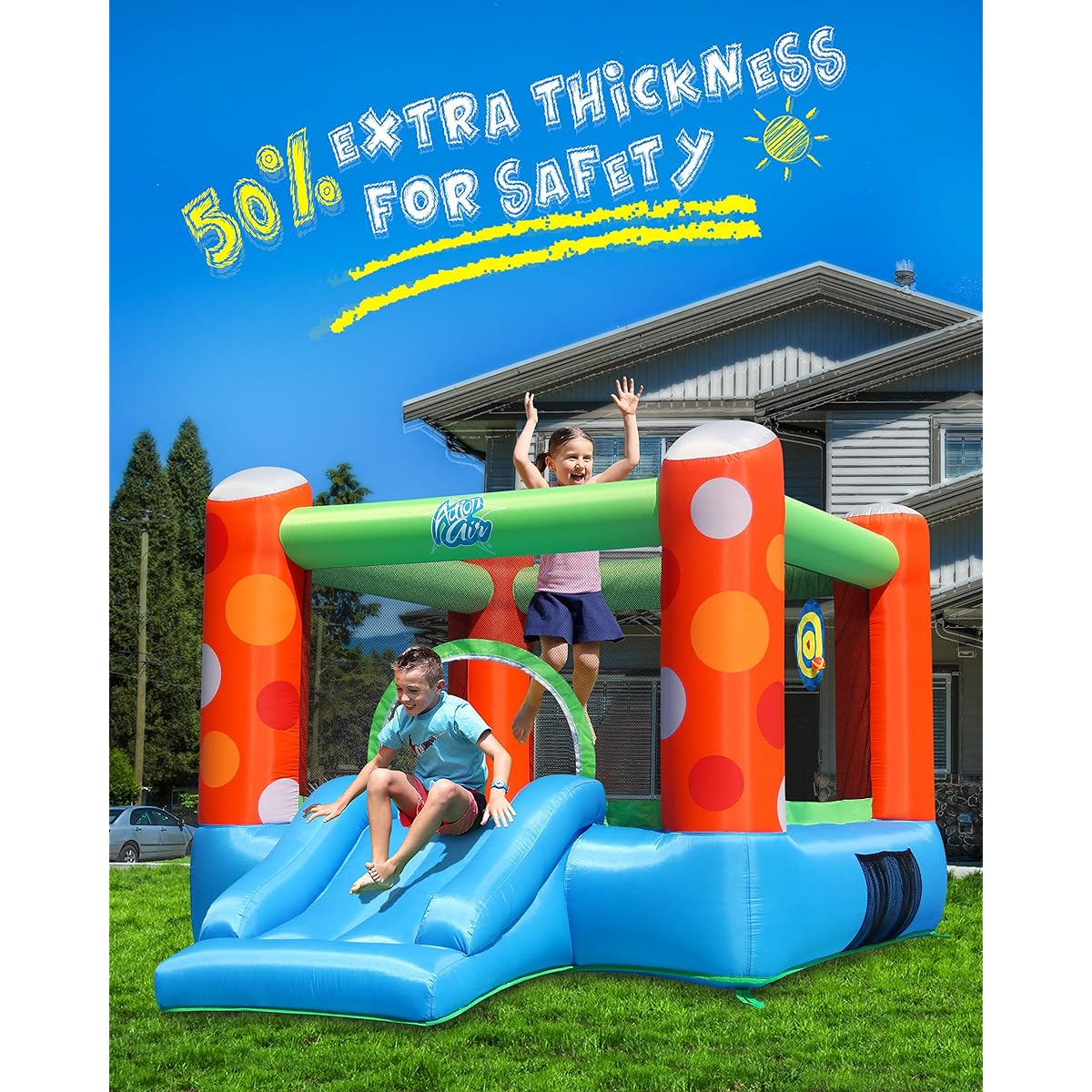ACTION AIR Bounce House without Air Blower Inflatable Bounce House Bouncy Castle Durable Sewing Extra Thick Family Backyard Jump House Perfect Gift for Kids