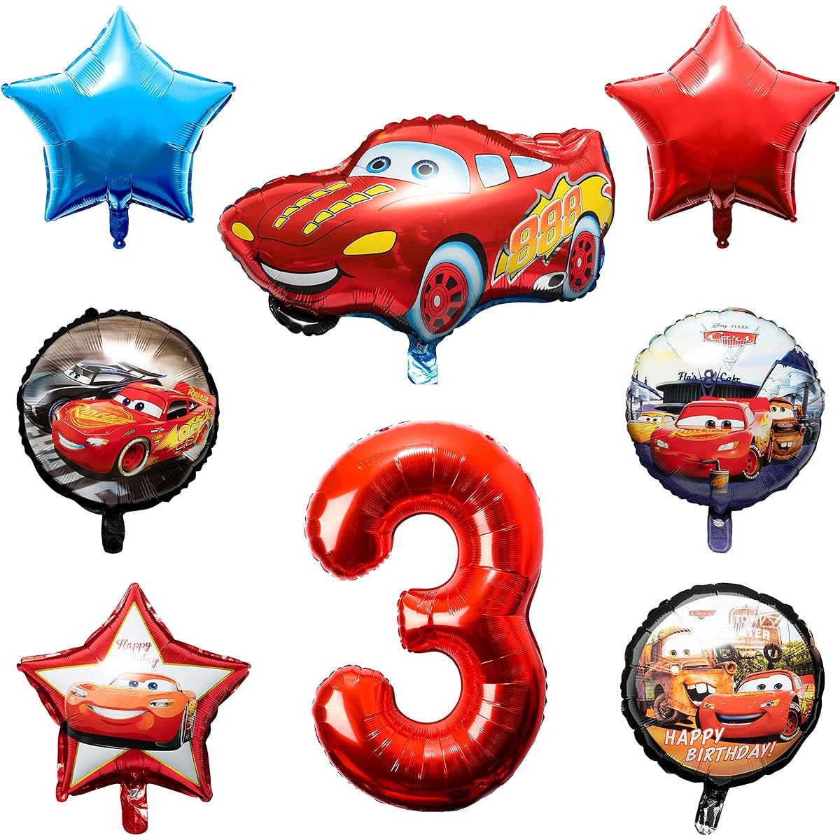 PANTIDE 8 Pack Race Car Balloons 3rd Birthday Kit - Racing Double Sided Foil Balloons Giant Red Number 3 Balloons Let's Go Racing Birthday Party Decorations Supplies for Kids Boys Racing Fans