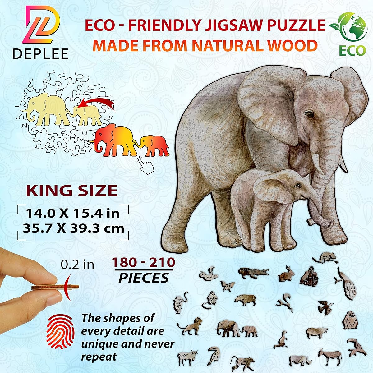 DEPLEE Wooden Jigsaw Puzzle Mother and Child Elephant Artwork, Animal Unique Shape Jigsaw Puzzle, Great Gift for Adults, Family and Friends, 180-210 Pieces, 15.4 x 10.4 Inch, King