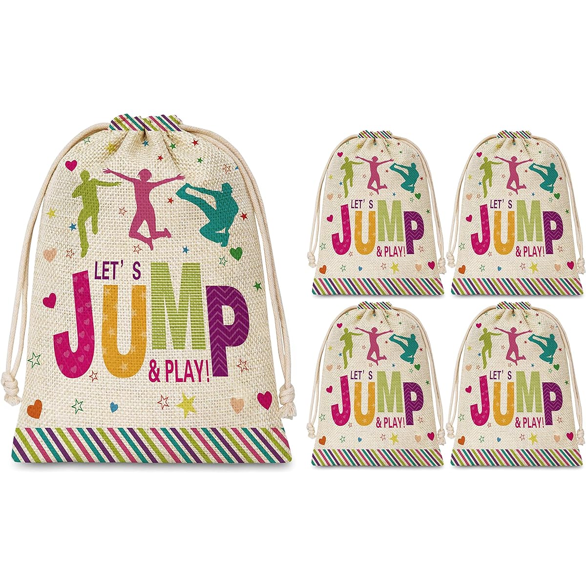 Birthday Party Favor Bags for Kids Party Supplies Decorations Girls Boys Party Celebration Gifts for Teens Trampoline Jump Bounce House Party Cotton Linen Bags 5 Pack (DAIZI-A015)