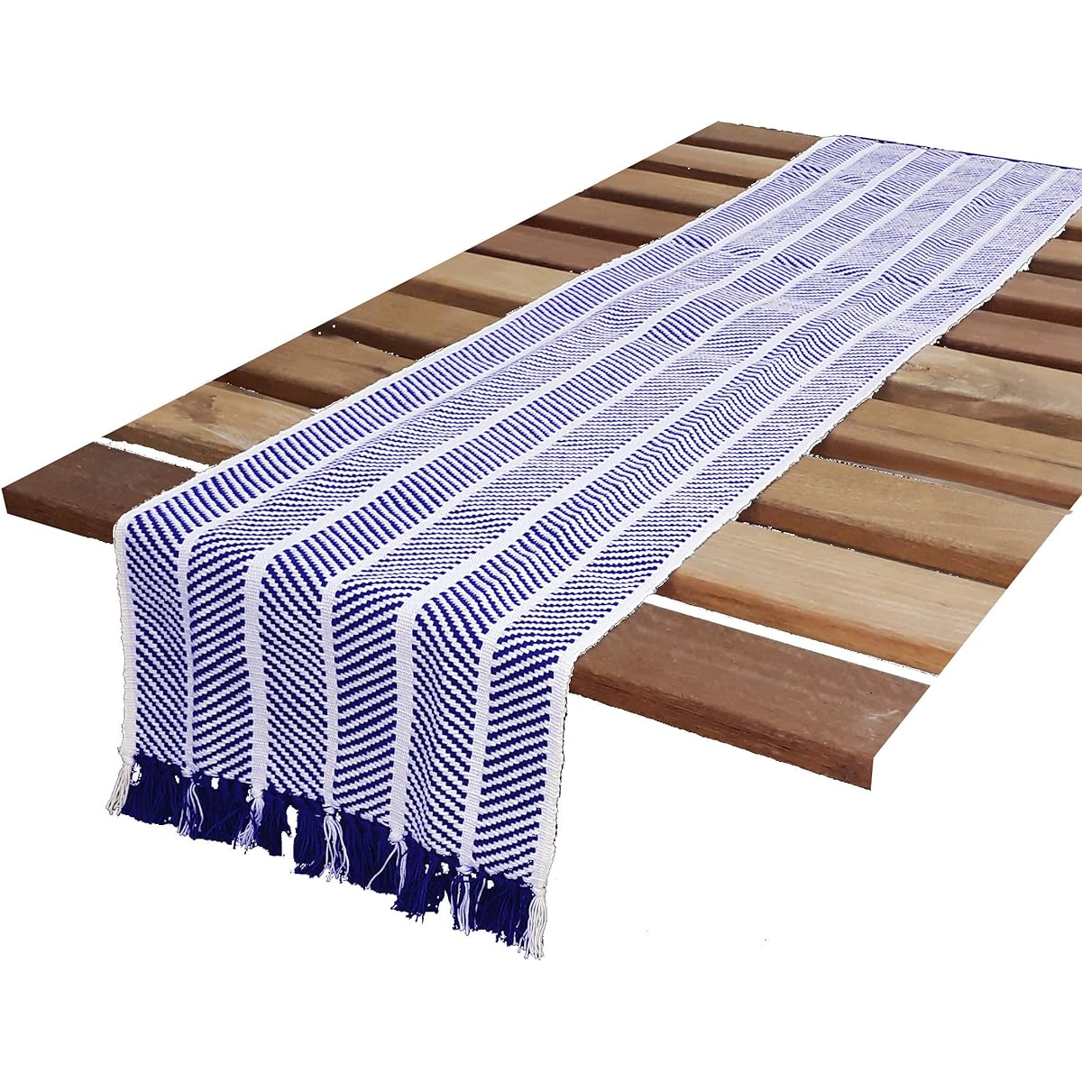 HomweLinen Table Runner 100% Cotton Fringed Table Runner 14x72 Inch Blue/White