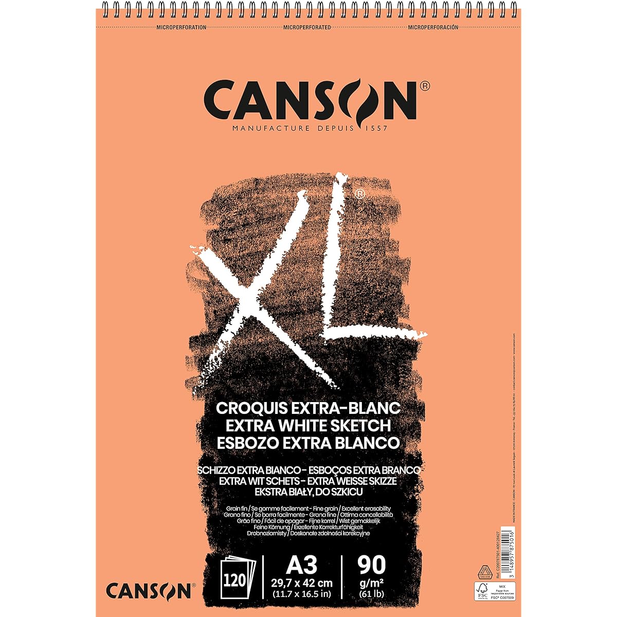 CANSON XL Extra White Sketch 90gsm A3 Paper Fine Spiral Pad Short Edge 120 Sheets Ideal for Professional Artists and Students