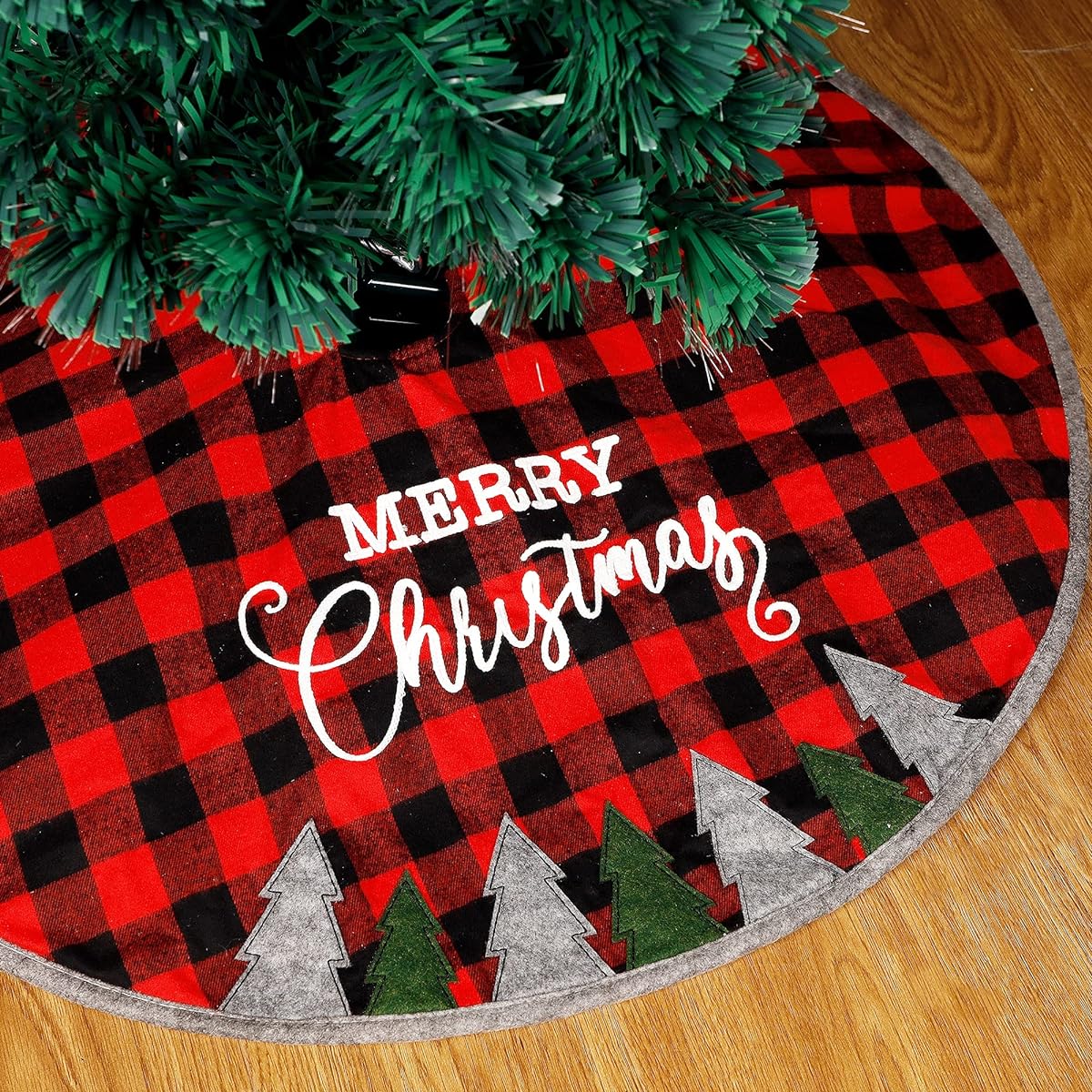 Juegoal Christmas Tree Skirt, 32 Inch Soft Red and Black Plaid Christmas Tree Mat, Christmas Party Decoration, Merry Christmas Base Cover for Christmas Tree Holiday Decorations