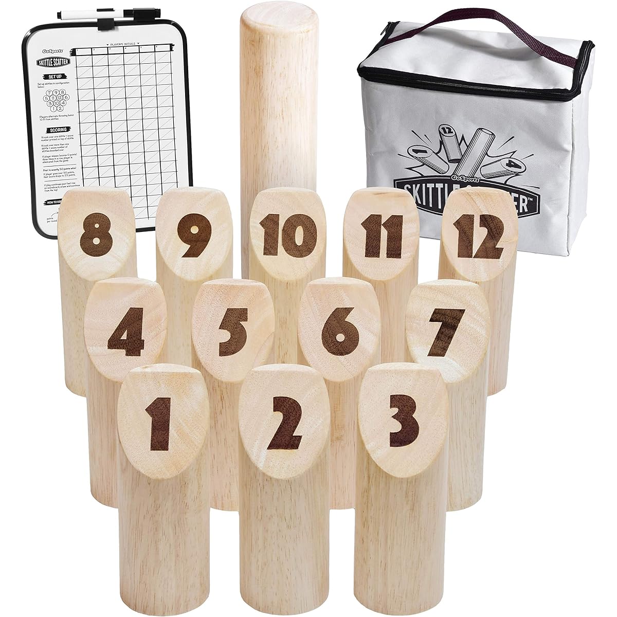 GoSports Skittle Scatter Numbered Block Toss Game with Scoreboard and Tote Bag - Fun Outdoor Game for All Ages