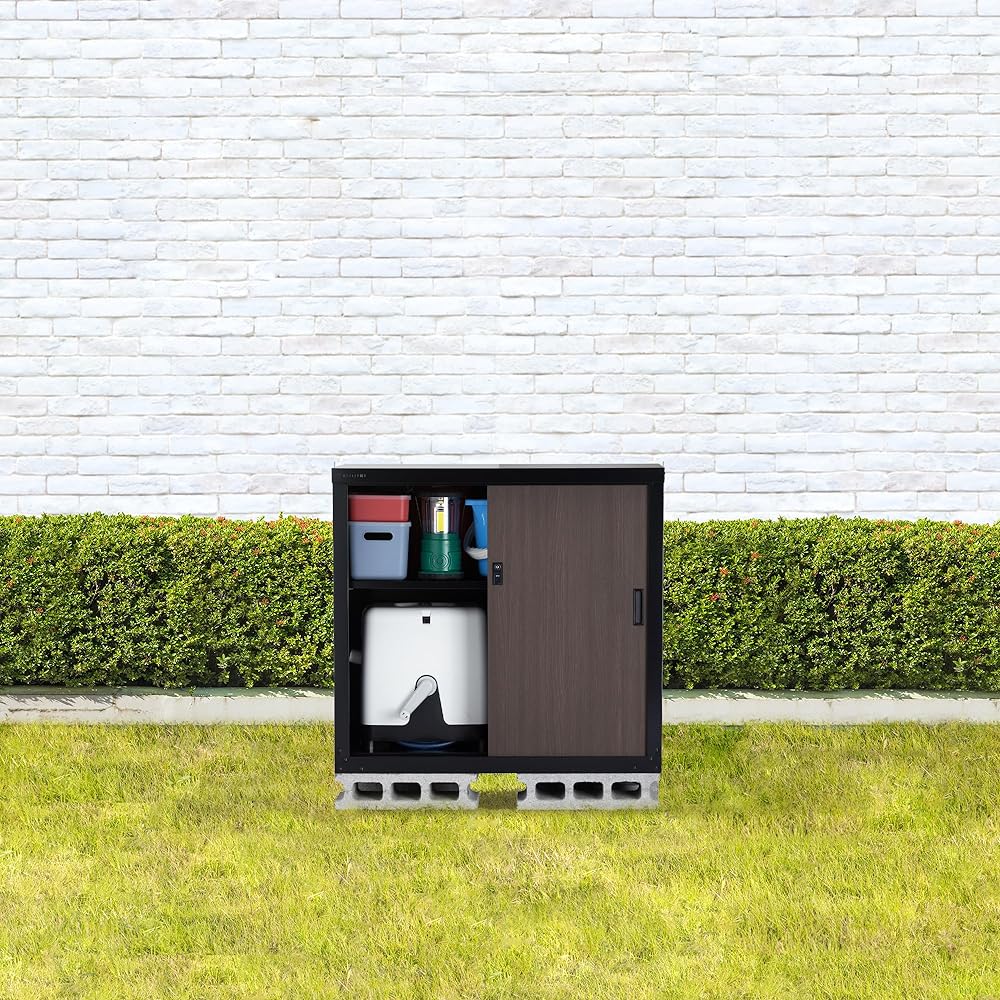 Green Life Storage Shelf, Outdoor, Small [Made in Japan] 1 Shelf Board, Lock Included, Wood Grain Door (Width 89 x Depth 47 x Height 83 cm) Black Rust Resistant Adjustable Movable Shelf HSM-83 (BK)