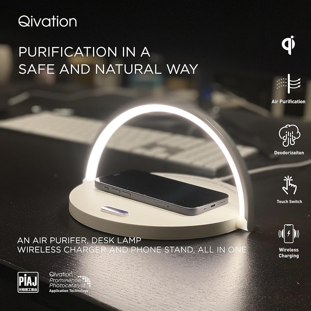 Qivation TiO2 Multifunctional Desk Lamp, Wireless Charger, Japan Tech 24/7 Air Purifier, LED Lamp 3 Brightness Levels, Phone Stand, Eye-Caring Night Light Qi Comp. for Home & Office