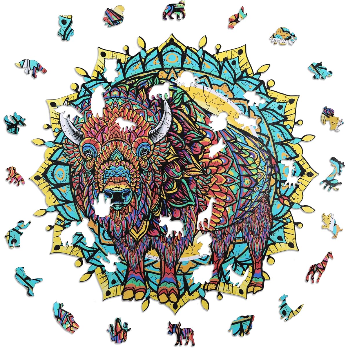 Estroso Wooden Puzzle for Adults 200 Piece Wooden Jigsaw Puzzle with Sticky Mat & Pad Bison Unique Puzzle with Box 11.2x10.9 Inch