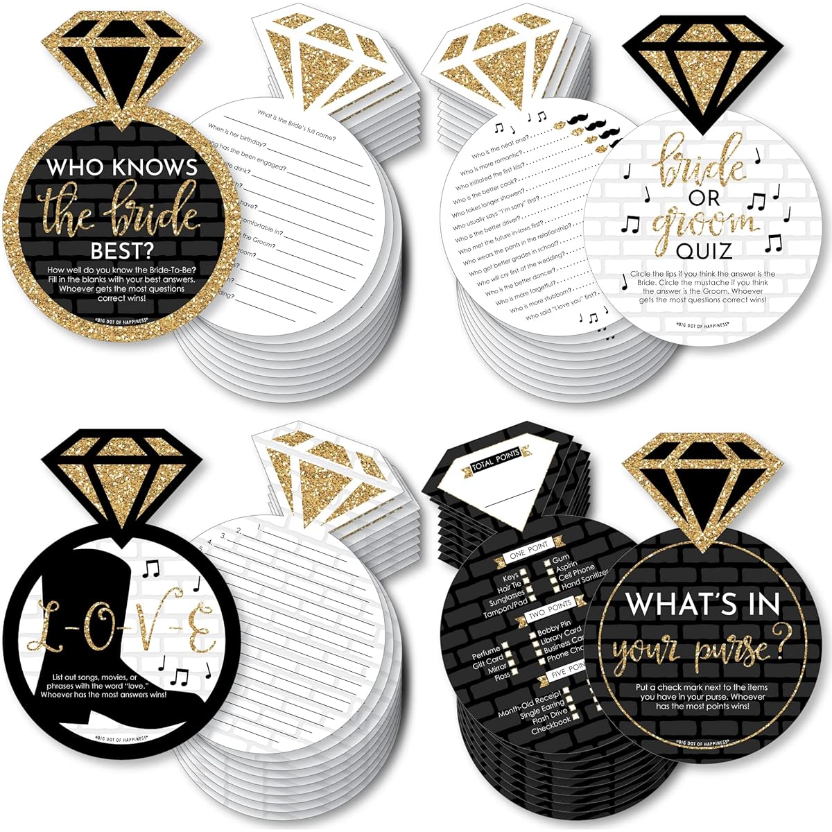 Big Dot of Happiness Nash Bash - 4 Nashville Bridal Shower Games - 10 Cards Each - Who Knows The Bride Best, Bride or Groom Quiz, What's in Your Wallet and What to Love - Gamerific Bundle