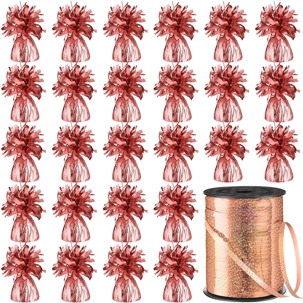 24pcs Balloon Weights Metallic Anchor Balloon Holder Heavy Table Weights 1 Roll Ribbon Curling Ribbon Iridescent Crimp Ribbon for Table Party Birthday Decorations (Rose Gold)