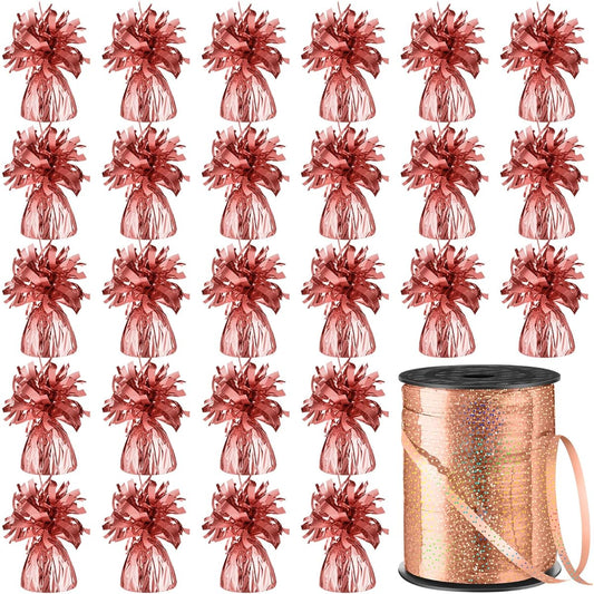 24pcs Balloon Weights Metallic Anchor Balloon Holder Heavy Table Weights 1 Roll Ribbon Curling Ribbon Iridescent Crimp Ribbon for Table Party Birthday Decorations (Rose Gold)