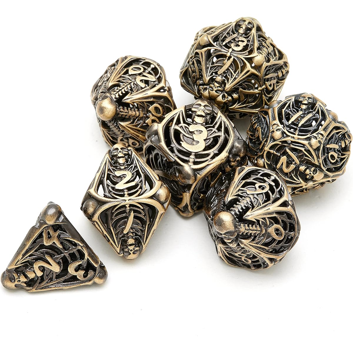 Xinwangda 7 Piece Metal Dice Set DND Game Polyhedral Hollow Metal D&D Dice Set Gift Metal Box Great for Role Playing Games, Dungeons, Dragons, Education (Ancient Bronze-2)