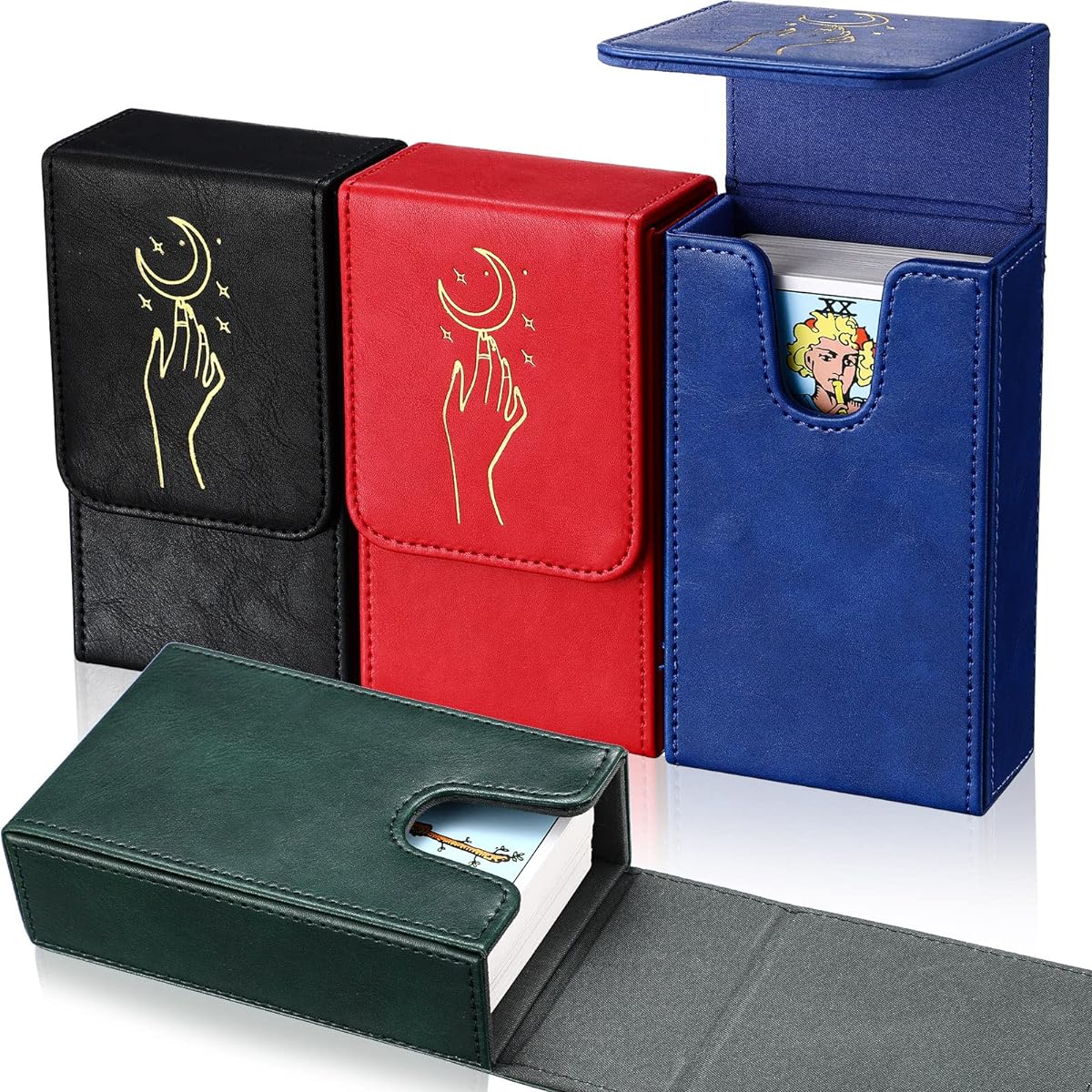 Kigeli 4 Pieces PU Leather Tarot Card Deck Holder, Tarot Deck Card Box, Moon Hand Design Tarot Organizer Storage Box for Most Standard Size Tarot Cards, Perfect for Beginners