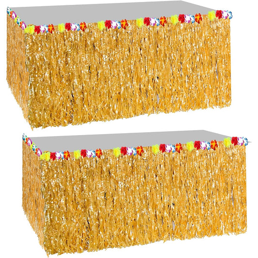 2 Pack Luau Glass Table Skirts 2 Feet with Hibiscus, Reusable - Hawaiian Party Decorations Tropical Beach Tiki Moana Birthday Party Decorations Supplies Accessories Novelty by 4E