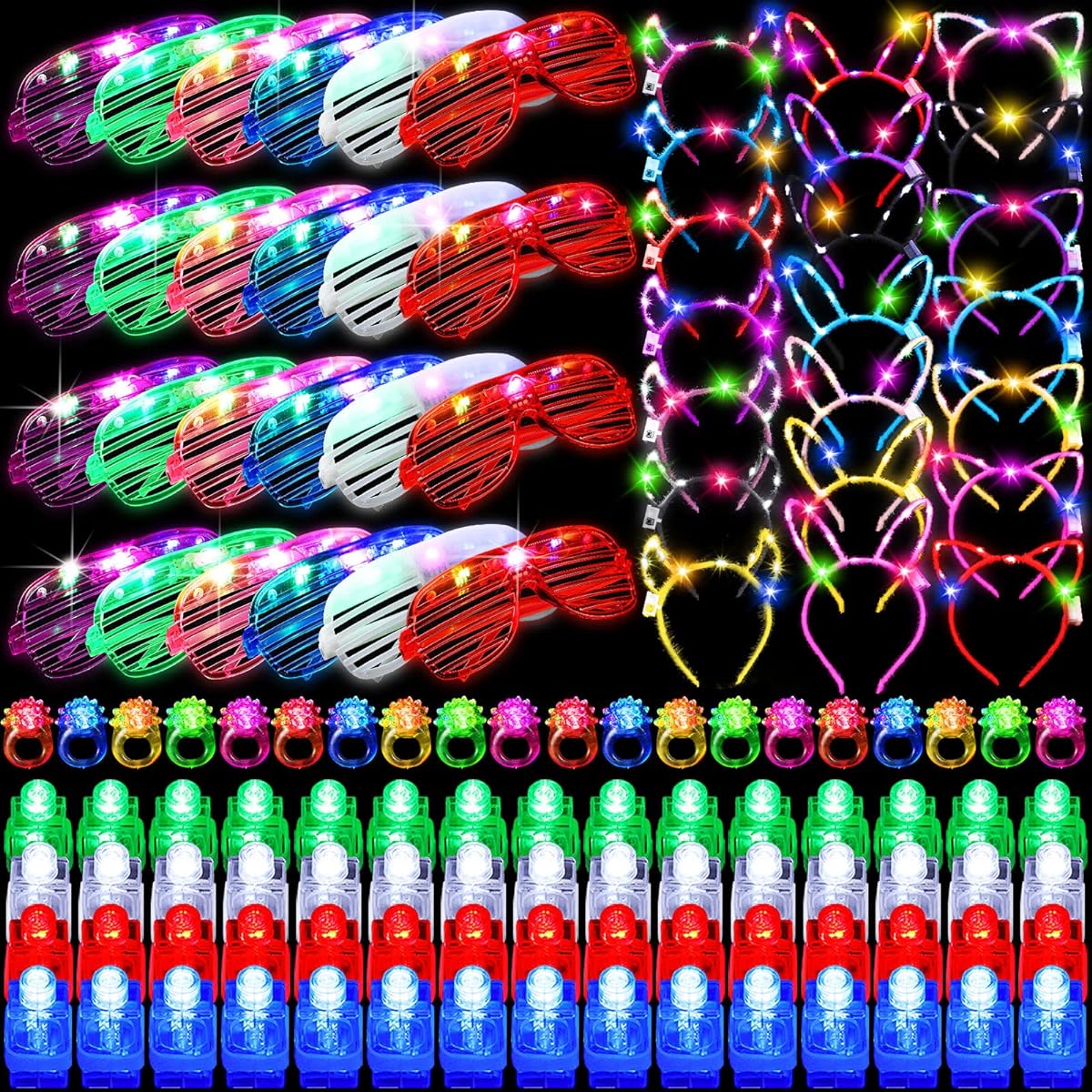 128pcs LED Light Party Favors Glow in the Dark Glasses Cat Bunny Ears Headband Finger Lights Jelly Rings Toys Mardi Gras Neon for Birthday Parties, School Events, Raves, Holidays