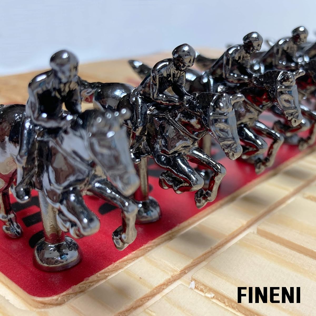 FINENI Horse Racing Board Game with 11 Luxury and Durable Metal Horses, Black, Genuine Pine Wood Horse Racing Game Board, Dice and Cards