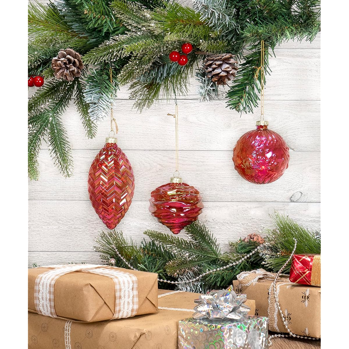 Red Co. 3" Diameter Decorative Glass Hanging Christmas Tree Ornaments Set of 3 - Iridescent Red Olive, Ball & Onion