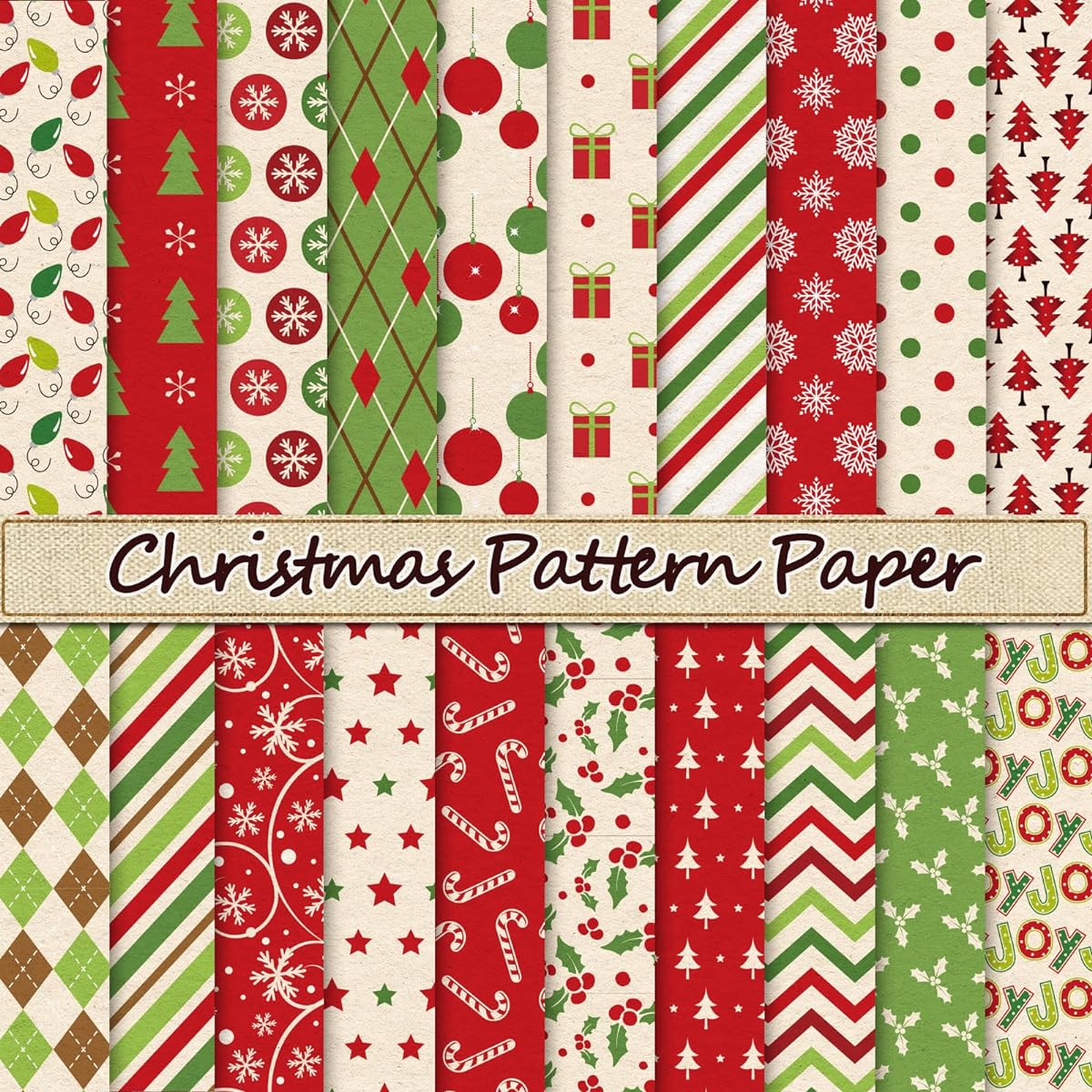 Whaline 40 Sheets Christmas Pattern Paper Red Green Scrapbook Specialty Paper Poinsettia Joy Double Sided Craft Paper for DIY Craft Card Making Photo Album Journal Decoration 6 x 6 Inch