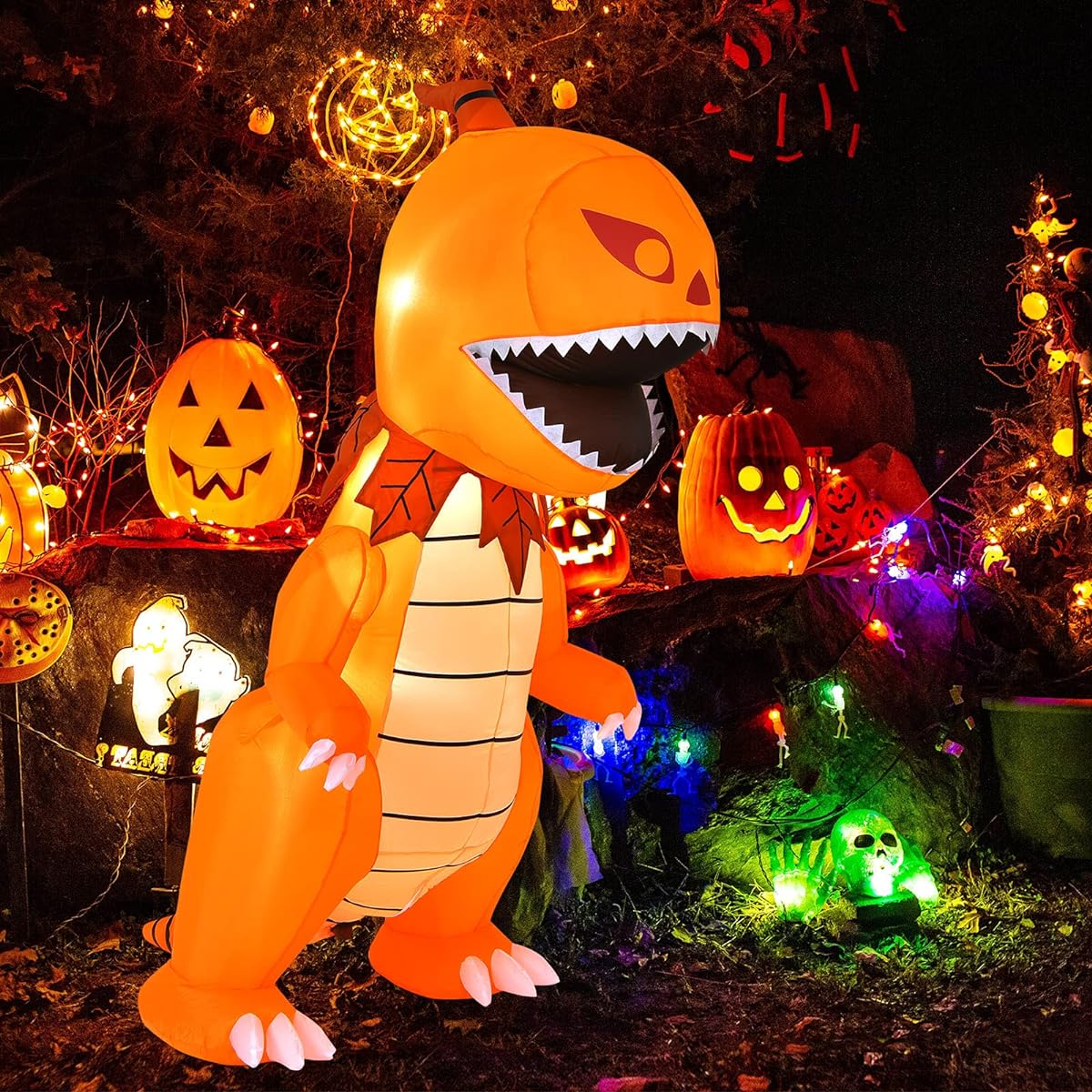 Tangkula 8ft Halloween Inflatable Pumpkin Head Dinosaur Big Explosion Halloween Dinosaur with LED Light & 4 Stakes for Indoor & Outdoor Holiday Decorations for Backyard Lawn Party