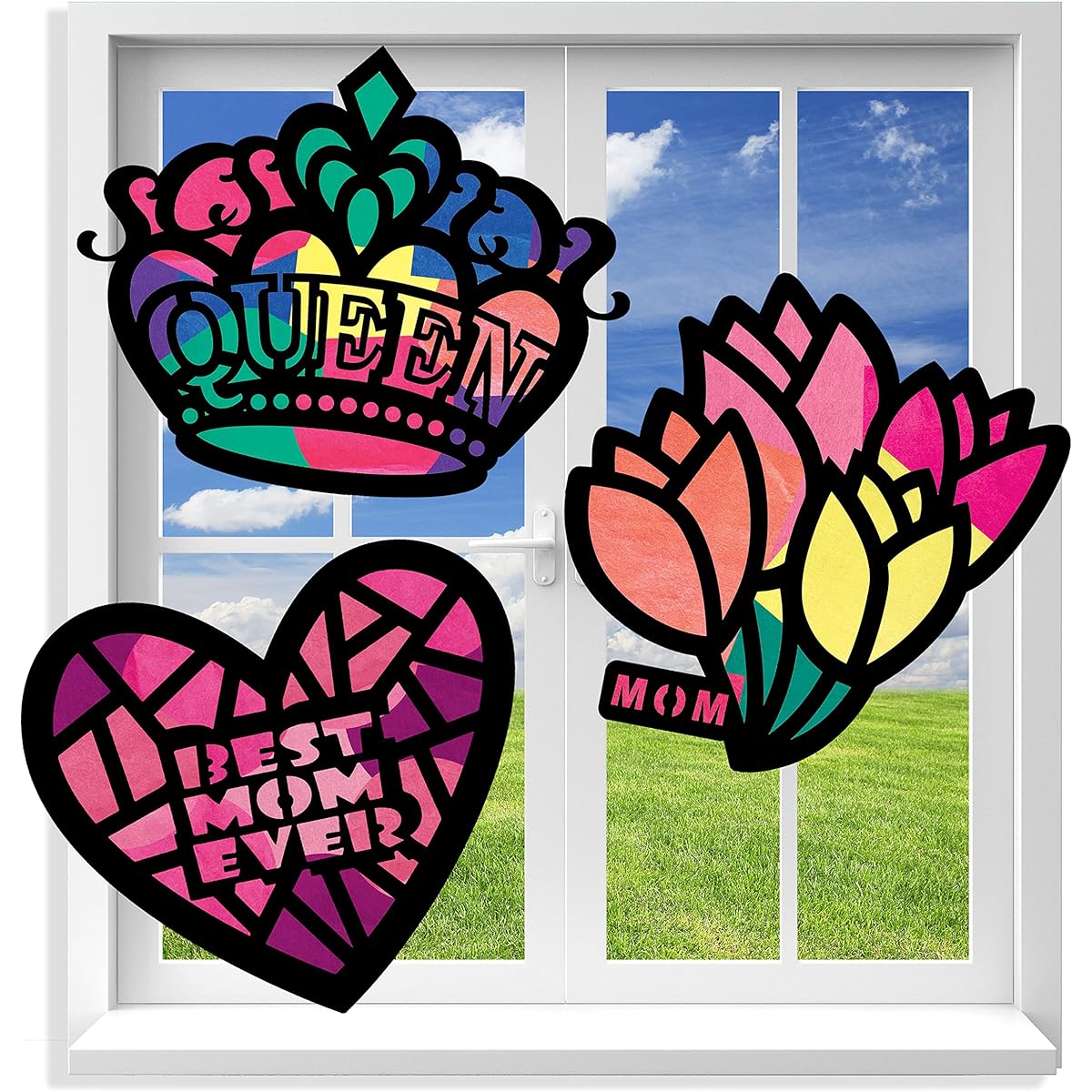 VHALE Sun Catcher Kit for Kids, Stained Glass Effect Paper Sun Catchers, Set of 3 (9 Cutouts, 27 Tissue Paper), Window Art, Classroom Arts and Crafts, Great for Travel, Party Favors (Mother's Day)