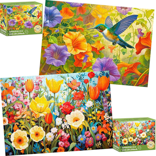 2 Pack Puzzle for Adults 1000 Pieces – 1000 Piece Hard Puzzle for Adults – Thick and Durable Hummingbird and Flower Jigsaw Puzzle Family Fun Birthday Party Favors