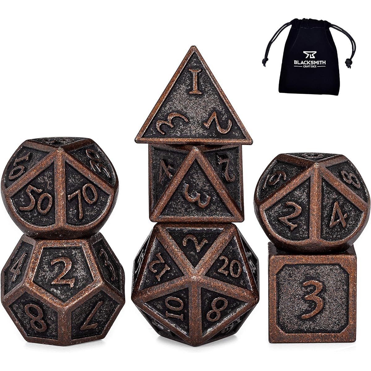 Blacksmith Craft Dice DND Dice Set 7 Pieces - Metal Dungeons & Dragons Polyhedral Dice Set with D&D Dice Bag for RPG Games - D20 Included - Blacksmith Craft Dice (Polished Bronze)