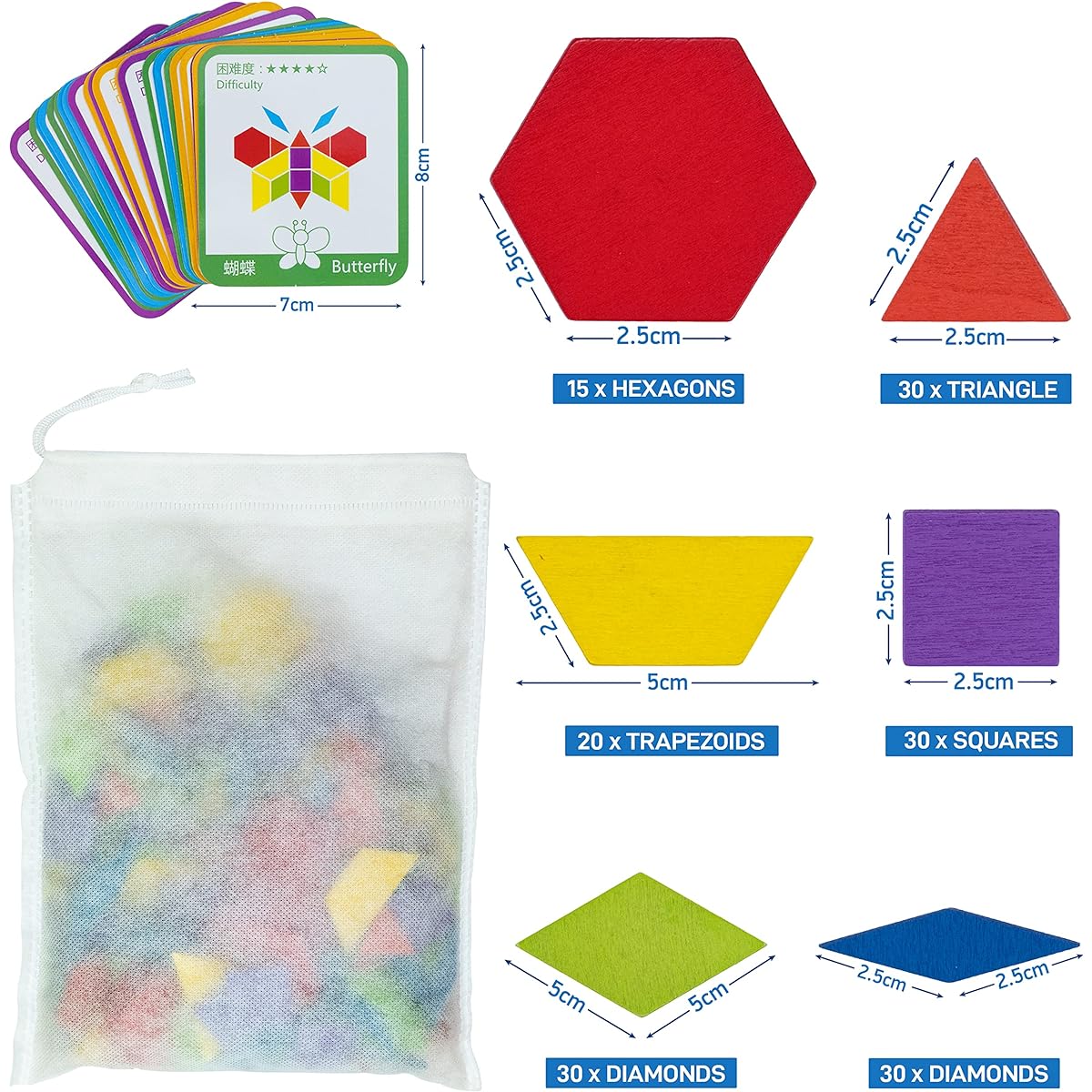 MEA TOYS 155 Wooden Pattern Blocks with 24 Design Cards - Toys for Kids Ages 3 to 8, Thick Multicolor Tangrams, Geometric Shape Puzzles, Learning for Kindergarten Kids