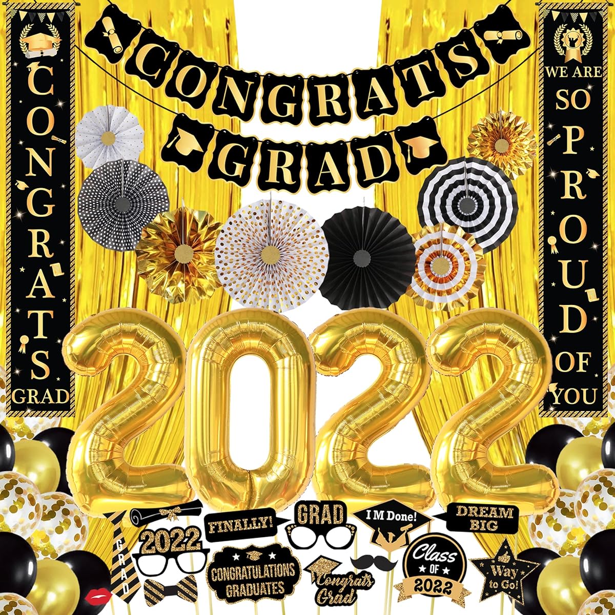 Giant Graduation Party Decorations 2022 - 63 Pack | Proud Banner with Graduation Photo Booth Props 2022 | Gold Foil Fringe and Paper Fan, Black and Gold Graduation Decorations 2022