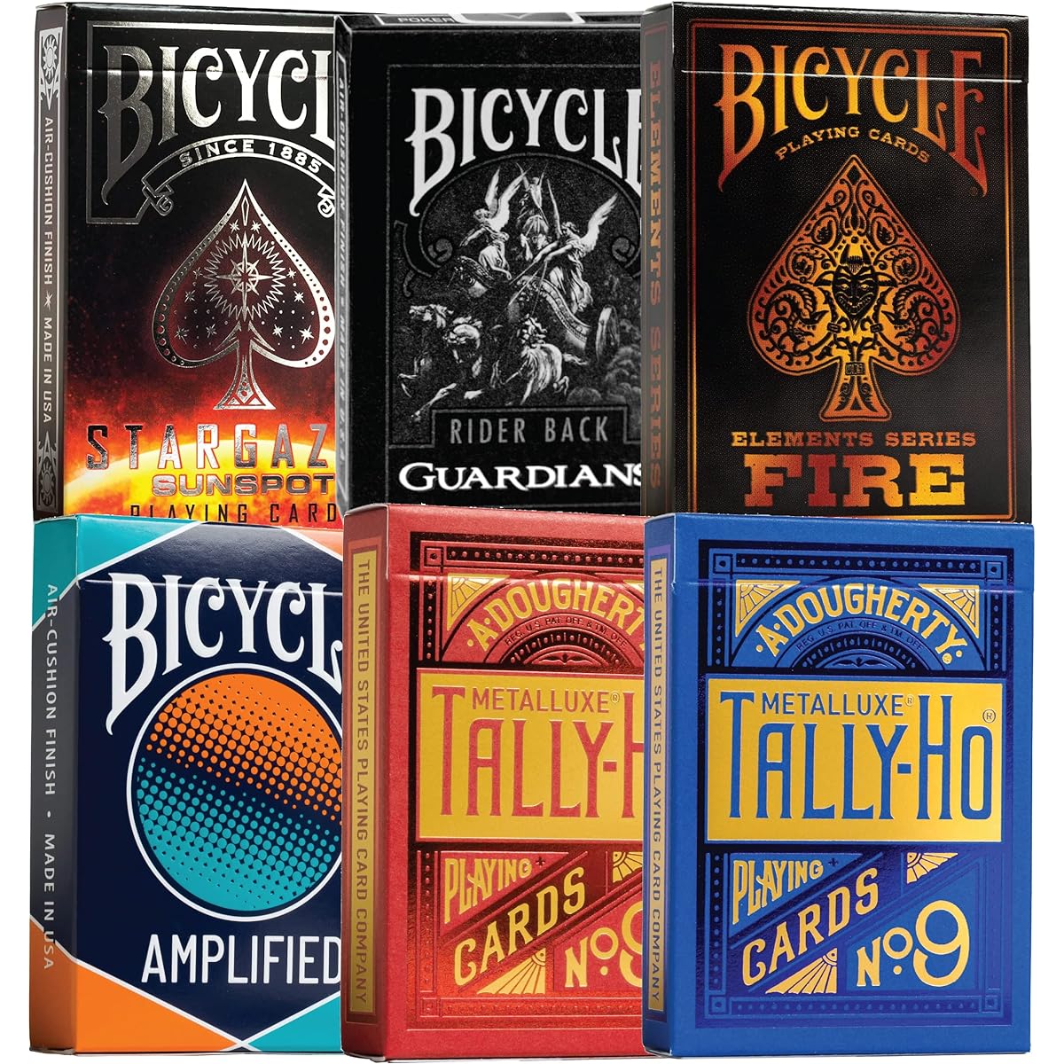 Bicycle Tally-Ho Playing Cards 6 Deck Collector's Bundle - Tally-Ho Metalluxe Blue | Tally-Ho Metalluxe Red | Bicycle Stargazer Sunspot | Bicycle Guardians | Bicycle Fire | Bicycle Amplified