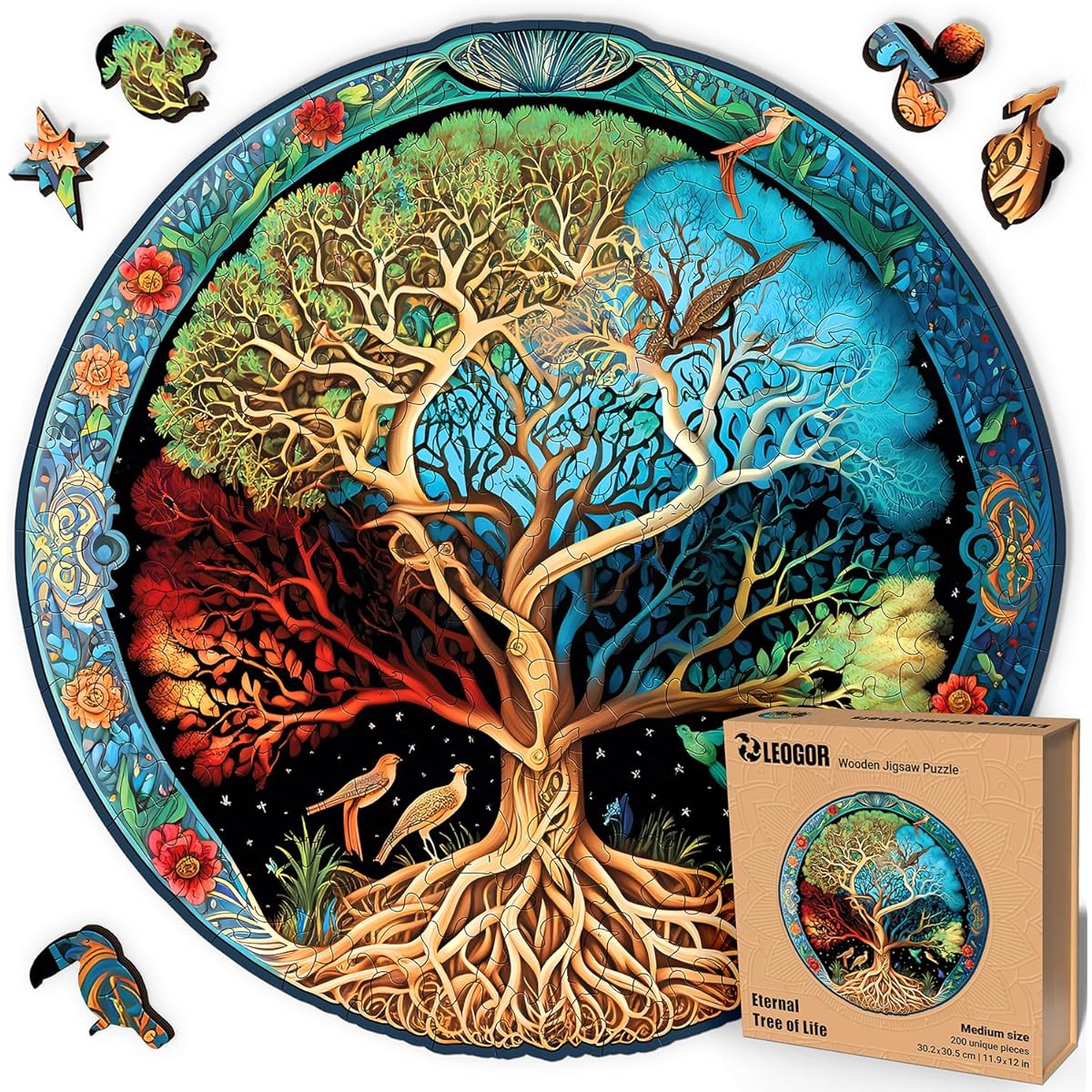 LEOGOR Tree of Life Puzzle 200 Piece - Wooden Jigsaw Puzzle for Adults and Kids with Whimsical Animal Shape Pieces - 11 x 12 Inch Mosaic Wood Cut - Gift of Magic Comes in a Box for Challenging Fun