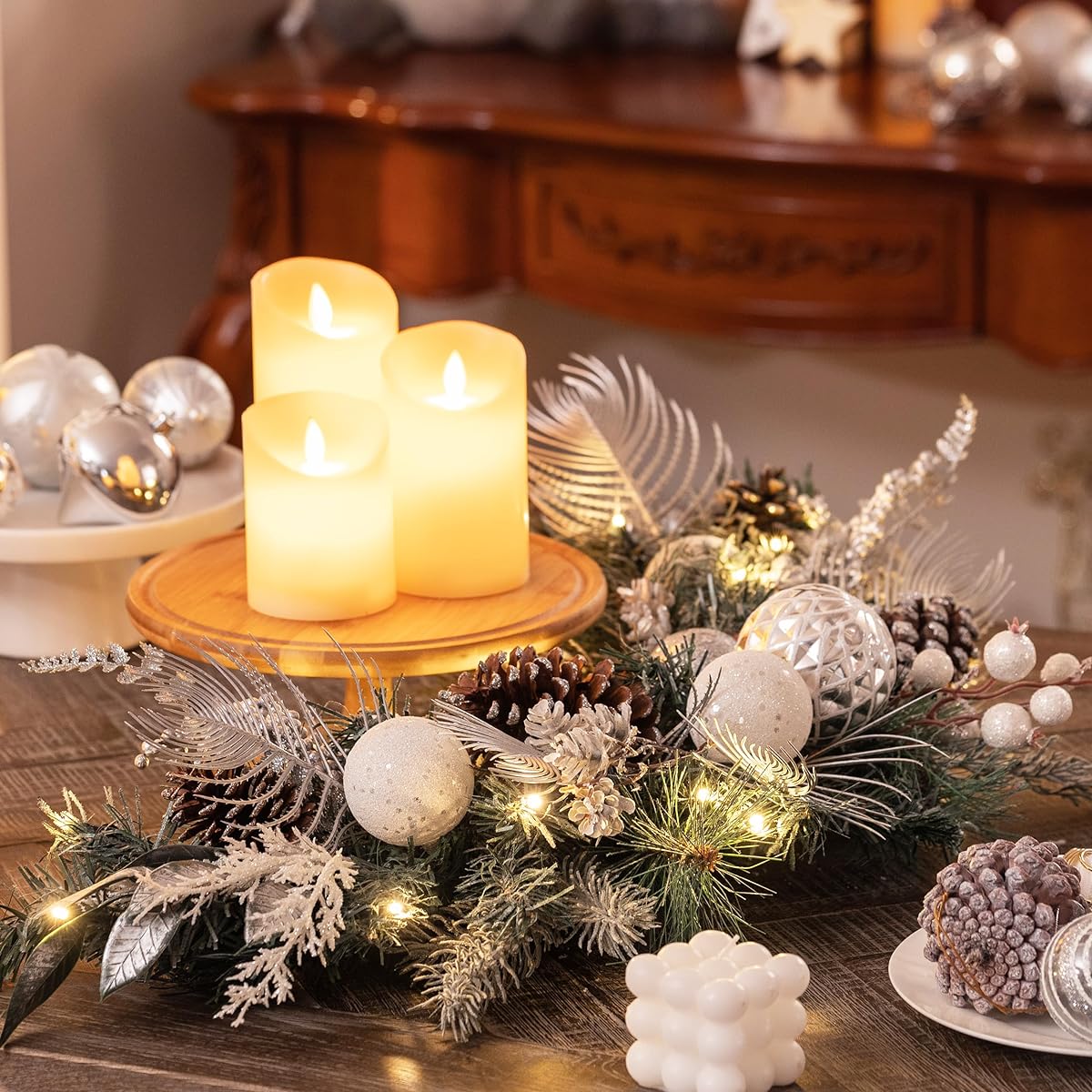 Valery Madelyn Pre-Lighted 15" Silver White Christmas Swag with 20 LED Lights Artificial Decorative Swag Ball Ornaments with Pine Cones for Front Door Window Christmas Home Decor Battery Operated