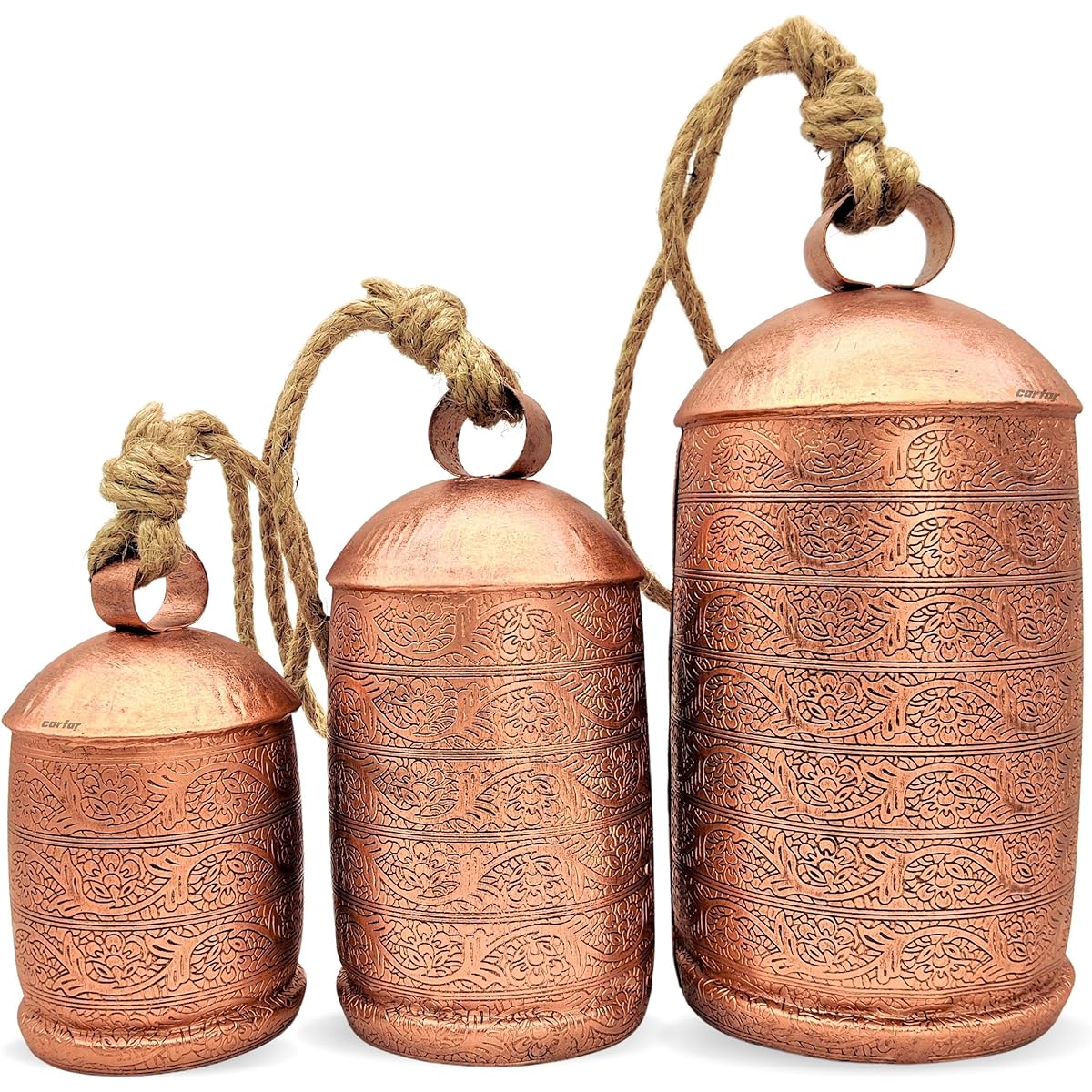 Carfar Rustic Copper Style Large Bell Set of 3 Handmade Metal Harmony Christmas Hanging Cowbell Complete Set with Jute Rope