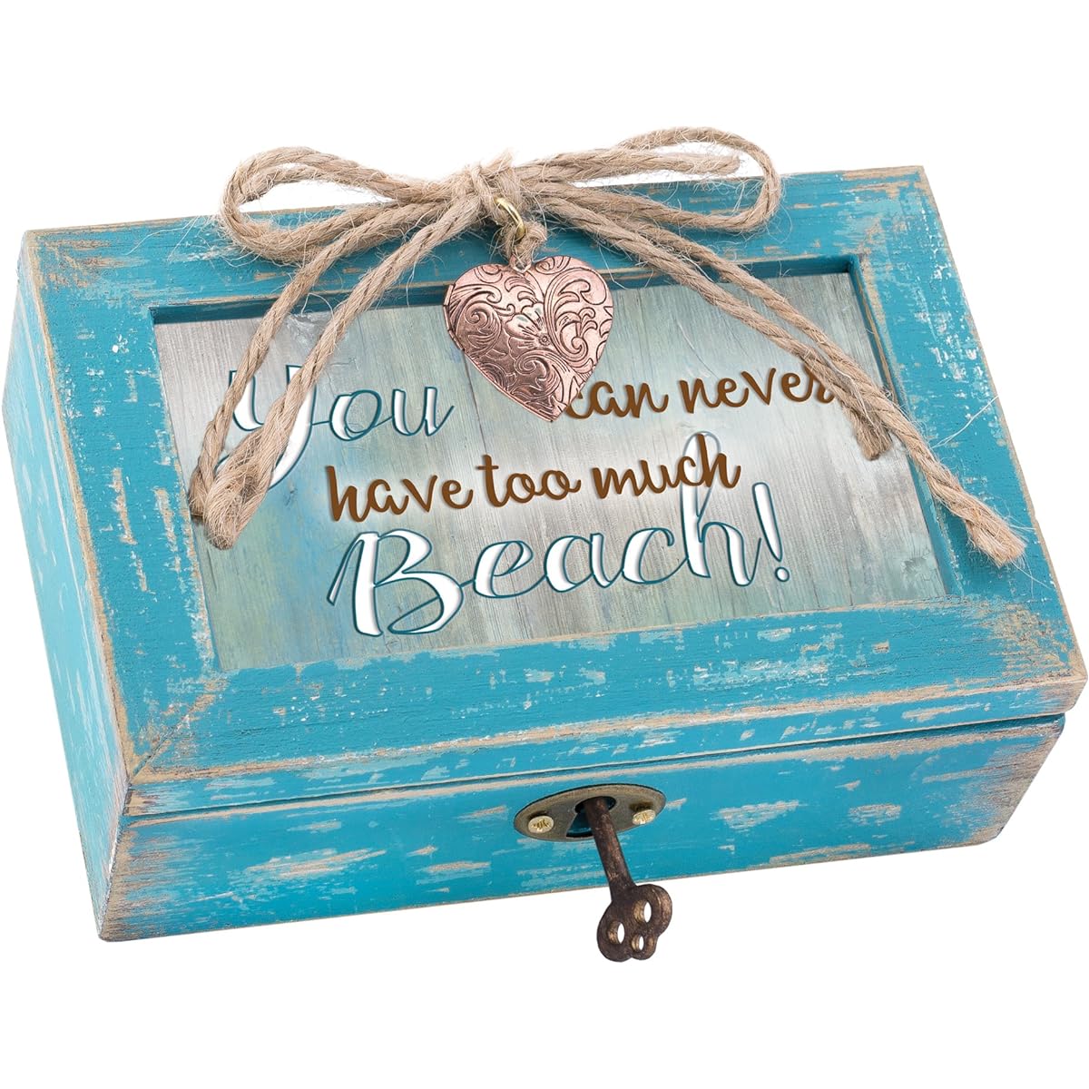 Never Too Much Beach Distressed Teal Blue Petite Wood Locket Music Box Plays You Light Up My Life