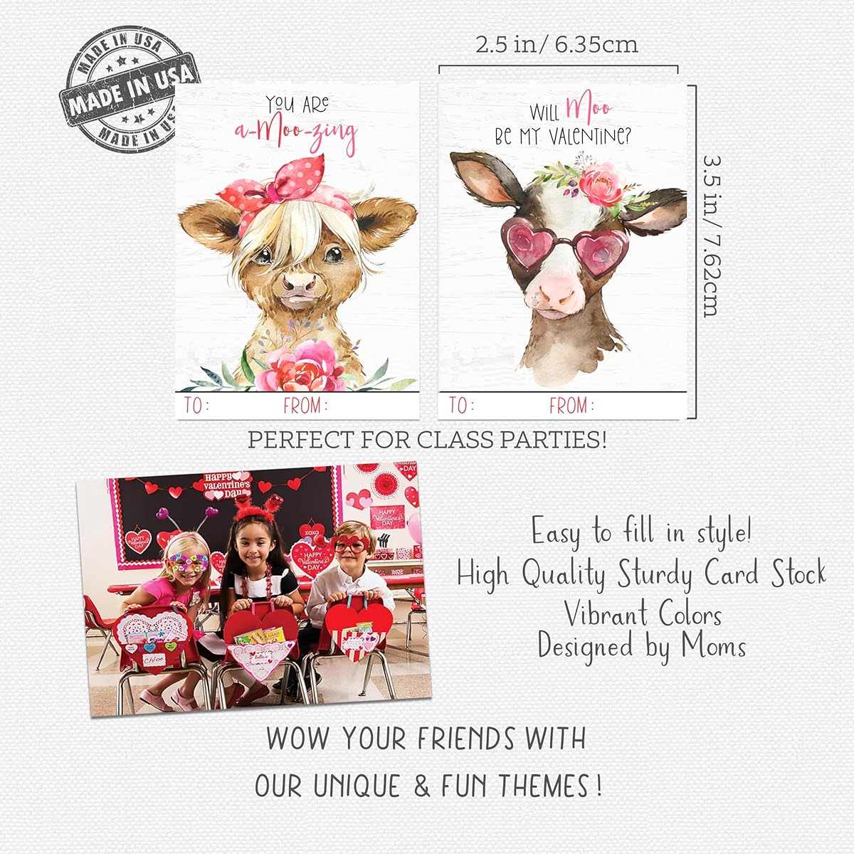 Silly Goose Gift Cute Watercolor Cow Calf Farm Theme Valentine's Day Card Kids School Classroom Exchange