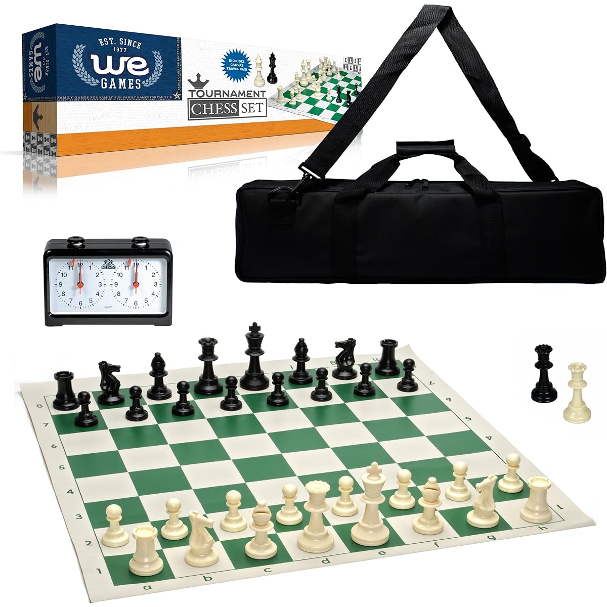 WE Games Complete Deluxe Tournament Chess Set, Black Canvas Bag, Heavy Weighted Staunton Chess Pieces, and Royal Crest