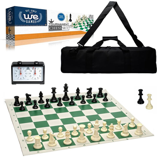 WE Games Complete Deluxe Tournament Chess Set, Black Canvas Bag, Heavy Weighted Staunton Chess Pieces, and Royal Crest