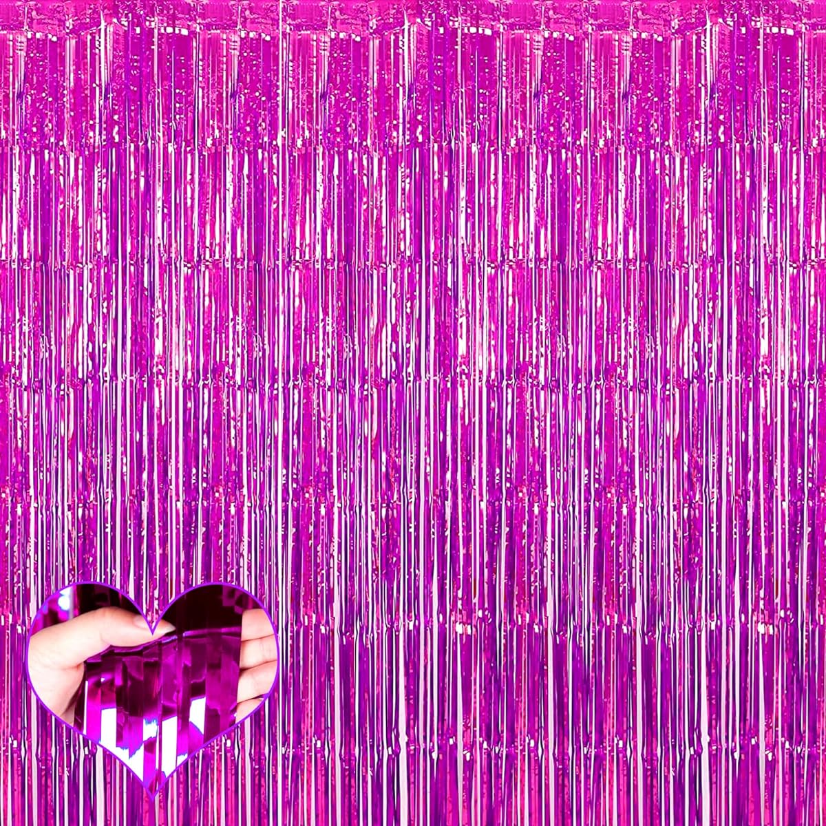 Fuchsia Fringe Curtain Backdrop, Metallic Tinsel Foil Fringe Streamer Curtains, Set of 4, 3.2ft x 9.8ft for Birthday/Wedding/Baby Shower/Halloween/Christmas Party Decoration