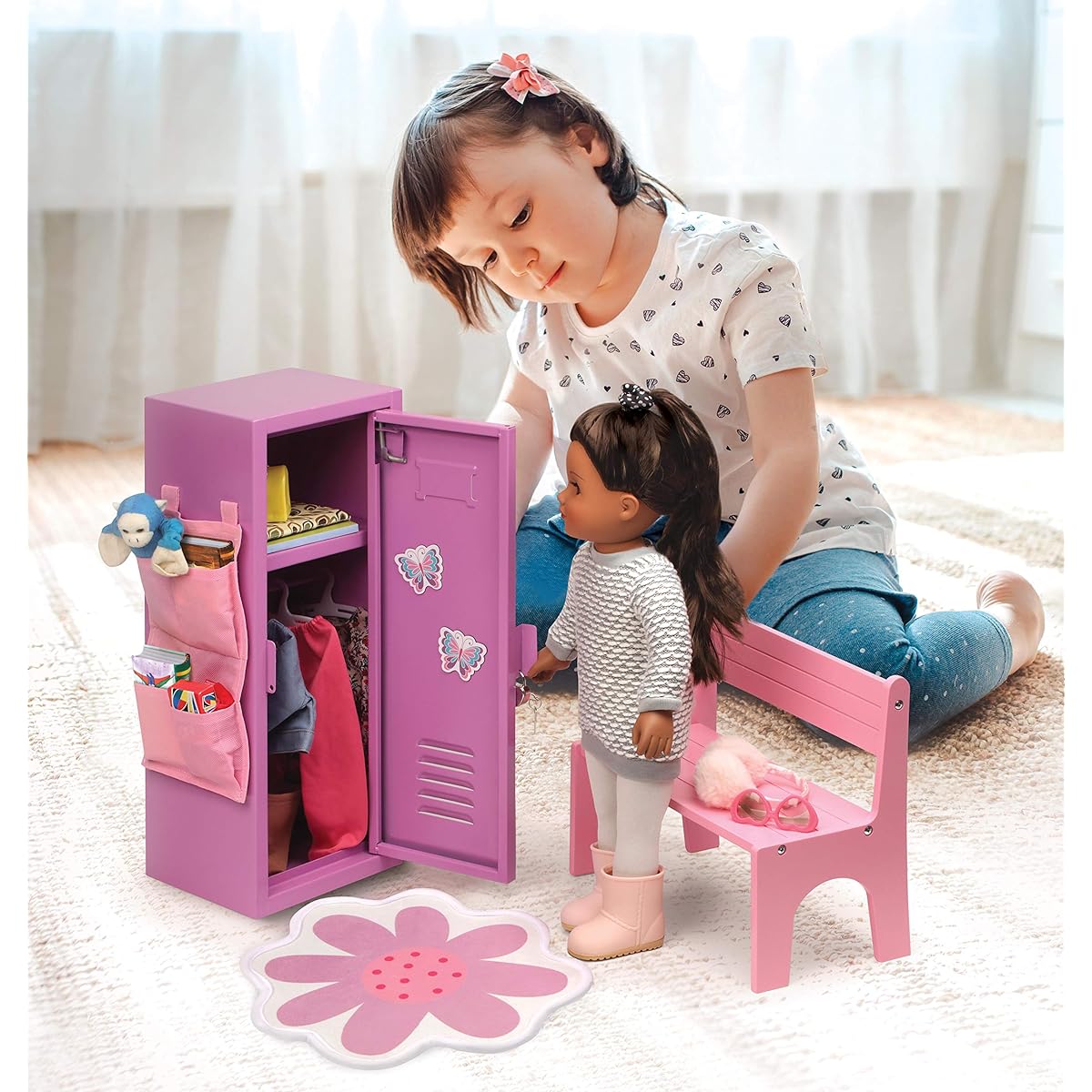 Badger Basket Toy School Style Doll Locker Set with Bench, Rug and Accessories for 18" Dolls - Pink/Purple