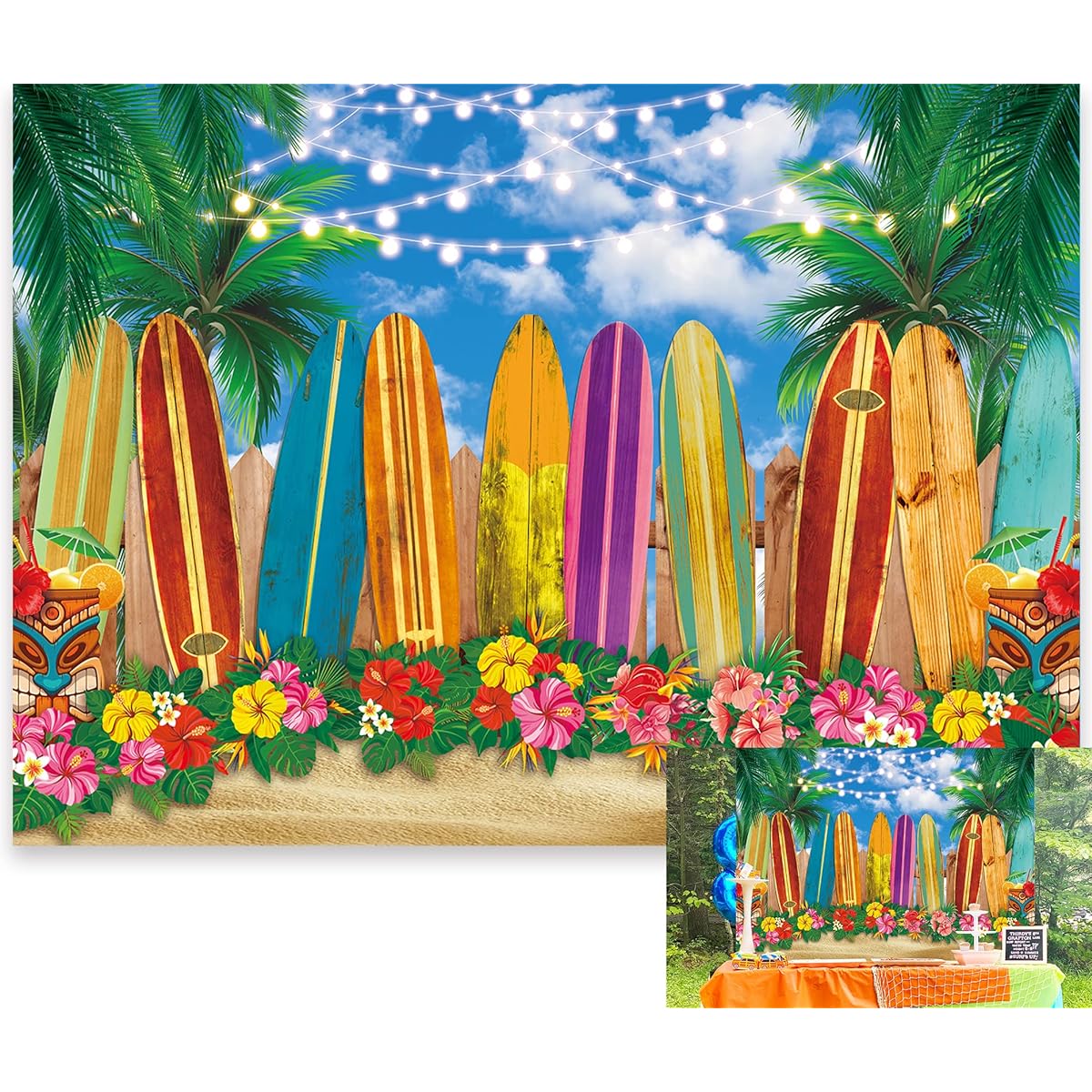 BINQOO 7x5ft Summer Surfboard Beach Hawaiian Backdrop Tropical Palm Trees Ocean Surfing Seaside Party Decoration Surf Up Hawaii Photo Background for Holiday/Birthday/Shower