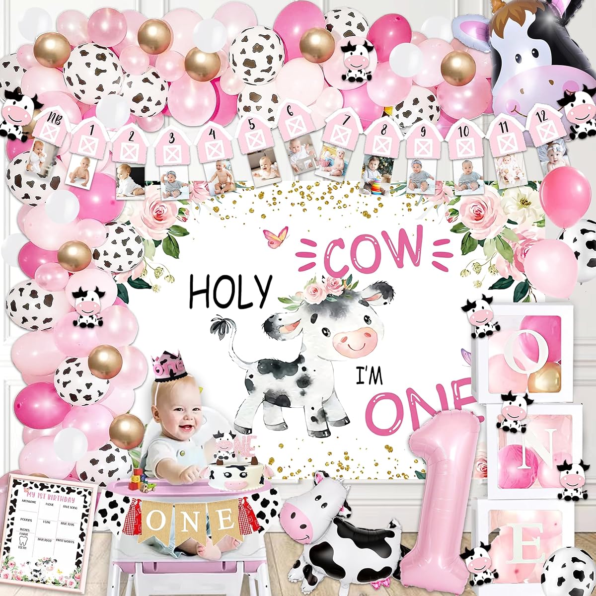 Birhgt Holy Cow I'M One Birthday Decorations for Girls Farm Cow First Birthday Party Supplies First Birthday Girl Decorations Banner Topper Balloon Garland Arch Kit Box Crown for Girls First Birthday Decorations