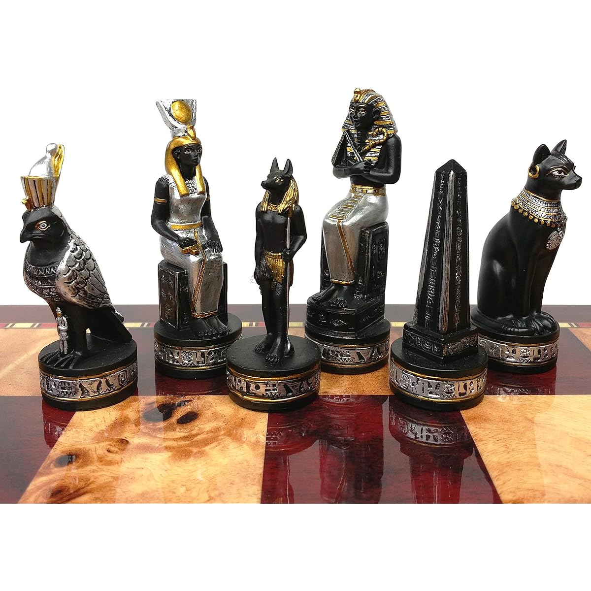 Egyptian Anubis Black and Silver with Gold Accents Chess Set High Polish Cherry and Burl Wood Colors Storage Board