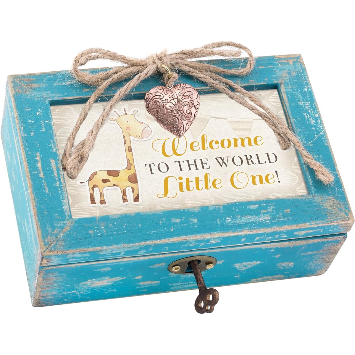 Cottage Garden Welcome To World Little One Teal Distressed Locket Petite Music Box Plays Wonderful World