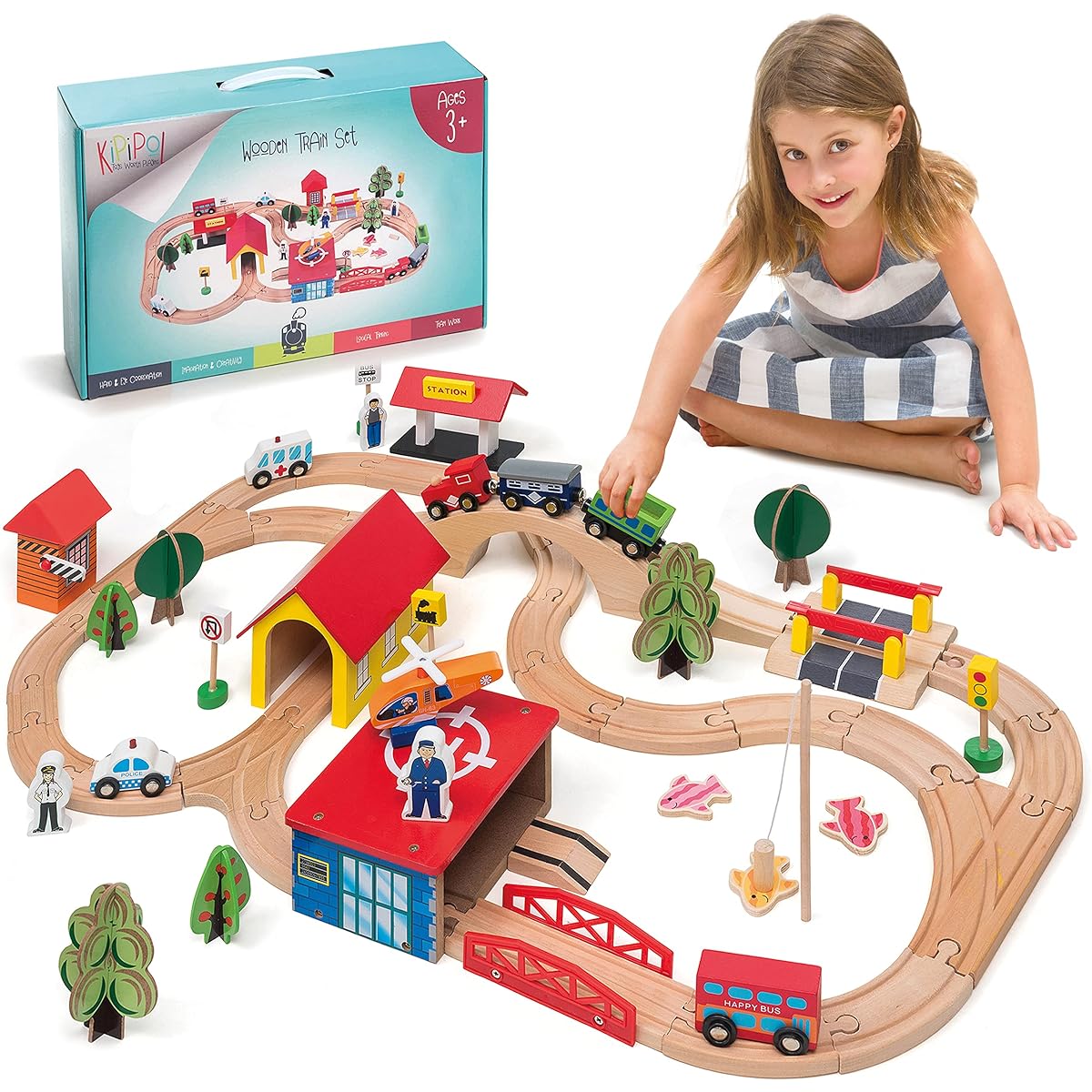 KipiPol Wooden Train Set - 69 Piece Wooden Train Track & Trains for Kids Toddlers Boys Girls Ages 3, 4, 5+ - Premium Wooden Construction Toy - Fits Thomas, Brio, IKEA, Melissa, Doug