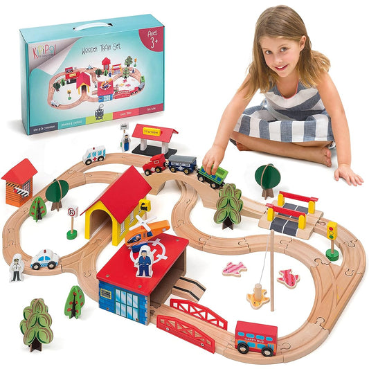 KipiPol Wooden Train Set - 69 Piece Wooden Train Track & Trains for Kids Toddlers Boys Girls Ages 3, 4, 5+ - Premium Wooden Construction Toy - Fits Thomas, Brio, IKEA, Melissa, Doug